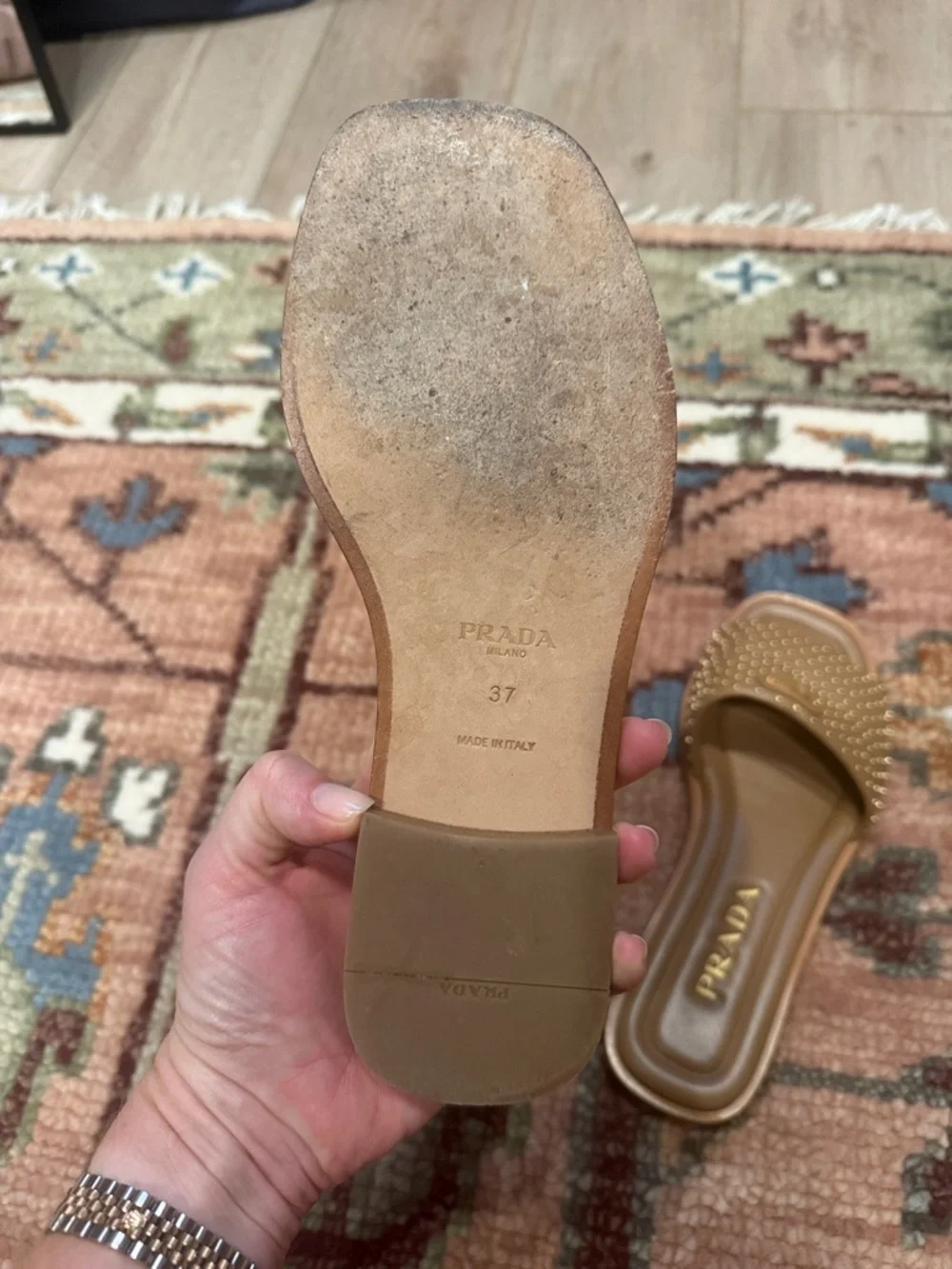 Prada Tan Studded Slide Mules with Gold Logo - Picture 3 of 4
